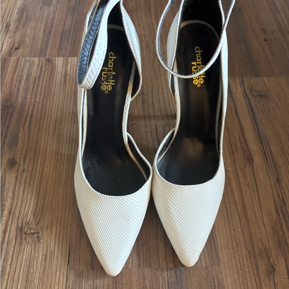 Charlotte Russe Cream Pointed-Toe Heels with Ankle Strap